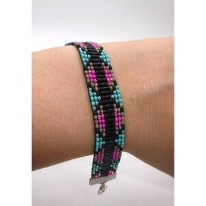 Loom Beaded Bracelet Black, Pink & Teal